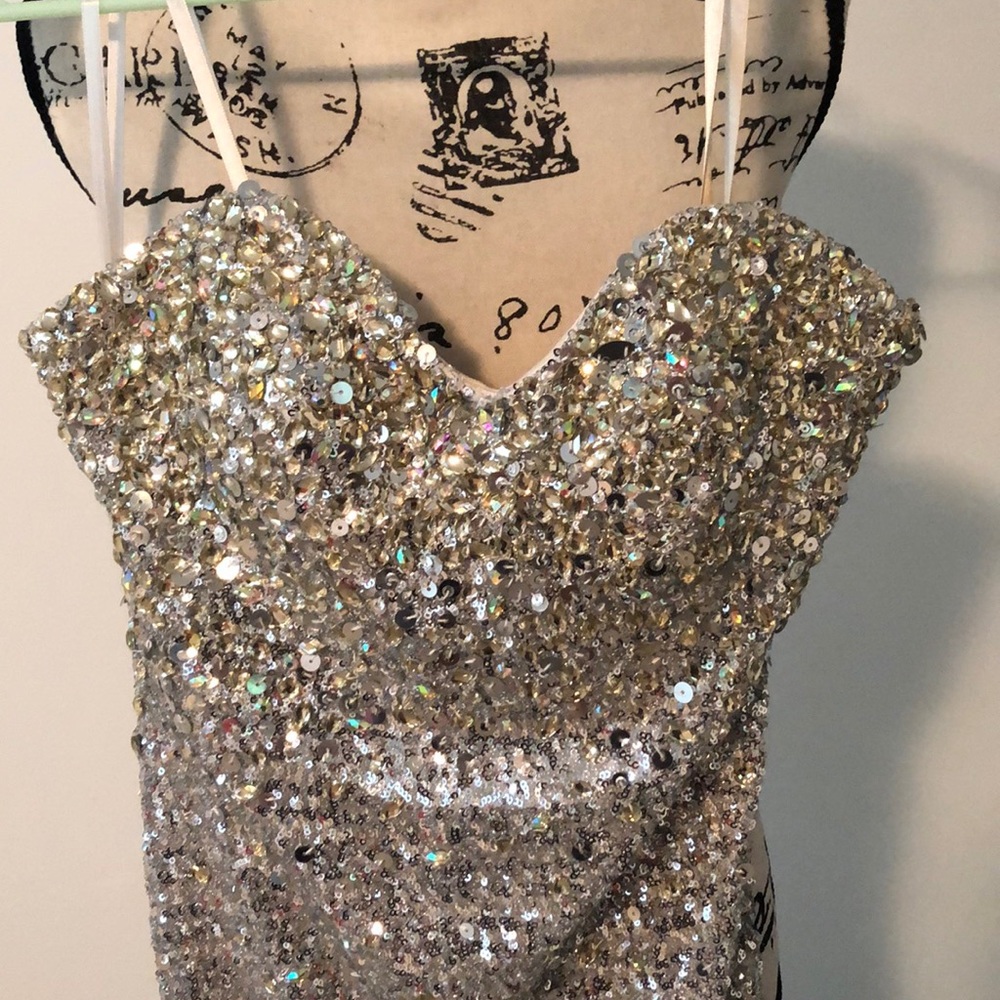 Rhinestone and sequin strapless prom dress